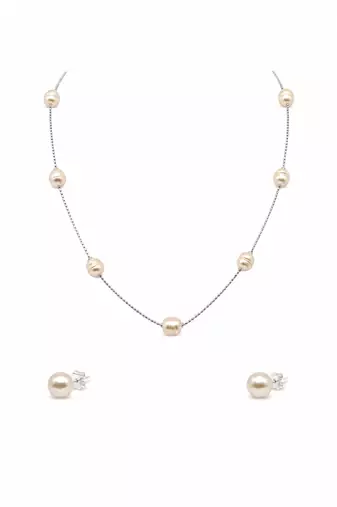 Pearl station necklace and stud earrings jewellery set, silver chain, white, earrings included