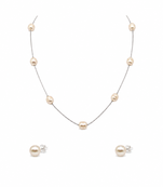 Pearl station necklace and stud earrings jewellery set, silver chain, white, earrings included