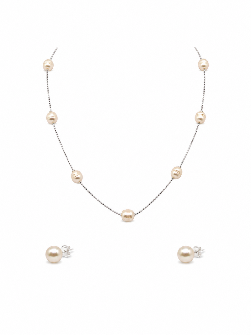 Pearl station necklace and stud earrings jewellery set, silver chain, white, earrings included