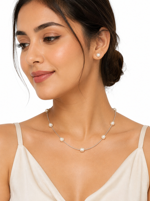 Pearl station necklace and stud earrings jewellery set, silver chain, white, earrings included 2