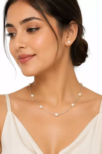 Pearl station necklace and stud earrings jewellery set, silver chain, white, earrings included