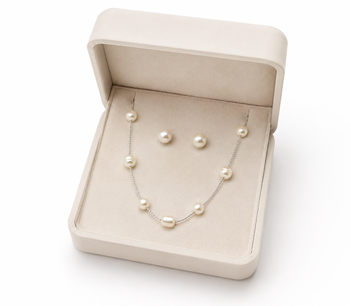 Pearl station necklace and stud earrings jewellery set, silver chain, white, earrings included 3