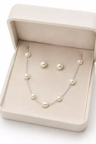 Pearl station necklace and stud earrings jewellery set, silver chain, white, earrings included