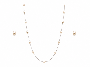 Pearl station necklace and stud earrings set, cream, 46 inches (116.8 cm), 11-13 mm oval pearls 1