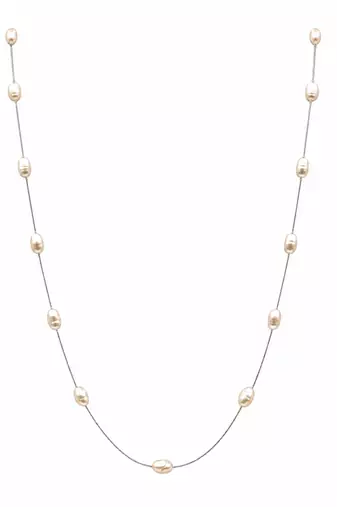 Pearl station necklace and stud earrings set, cream, 46 inches (116.8 cm), 11-13 mm oval pearls