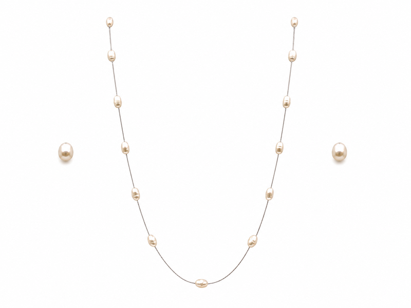 Pearl station necklace and stud earrings set, cream, 46 inches (116.8 cm), 11-13 mm oval pearls