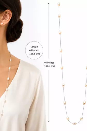 Pearl station necklace and stud earrings set, cream, 46 inches (116.8 cm), 11-13 mm oval pearls