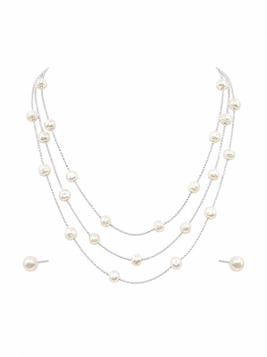 Pearl layered necklace and stud earrings set, white, silver chain, 3-layer station style, gift box included 1