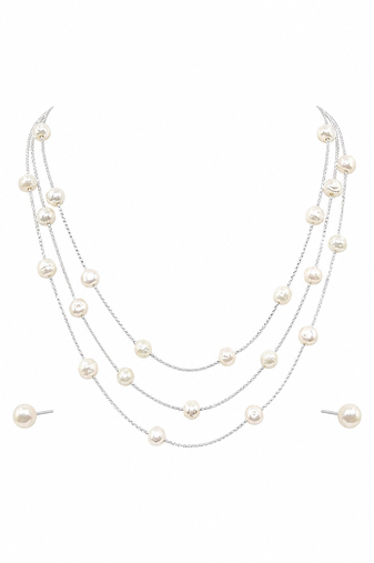 Pearl layered necklace and stud earrings set, white, silver chain, 3-layer station style, gift box included