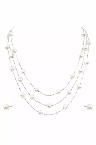 Pearl layered necklace and stud earrings set, white, silver chain, 3-layer station style, gift box included