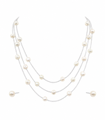 Pearl layered necklace and stud earrings set, white, silver chain, 3-layer station style, gift box included