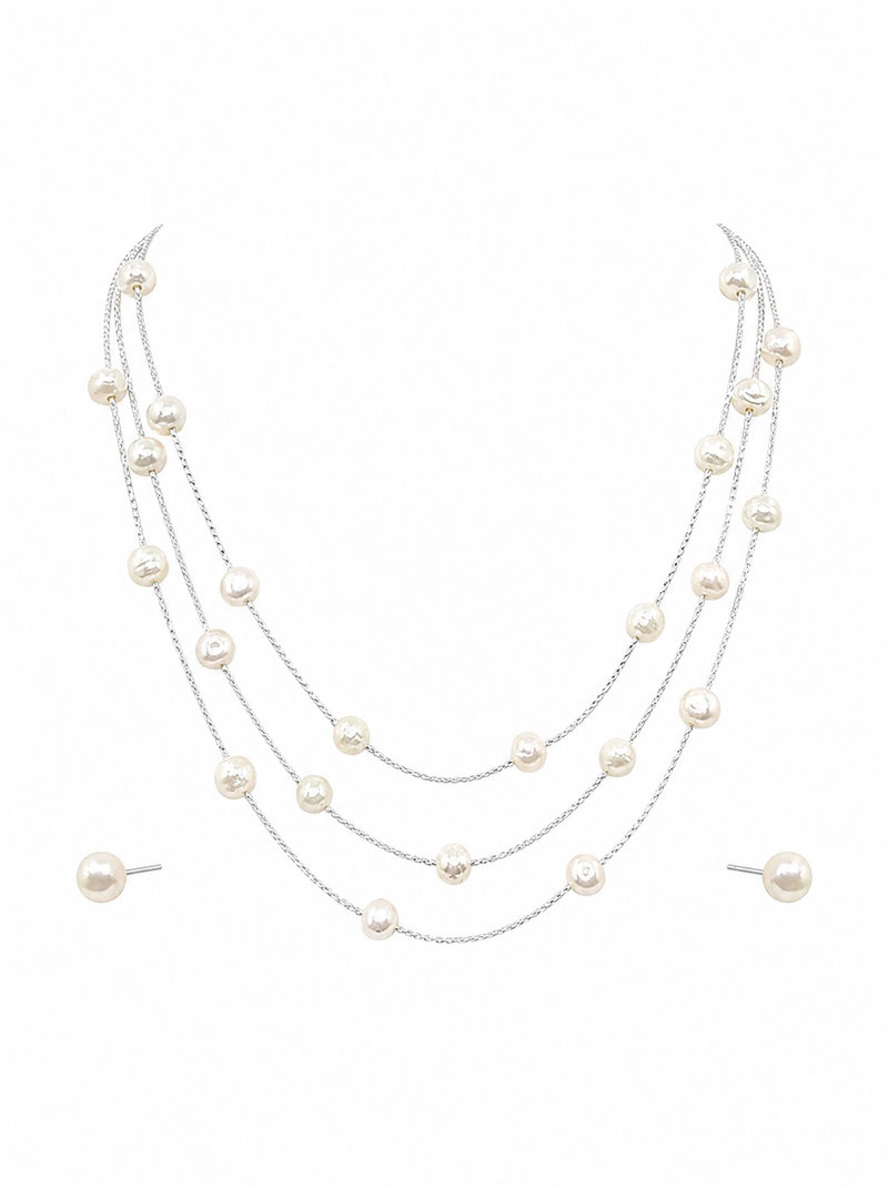 Pearl layered necklace and stud earrings set, white, silver chain, 3-layer station style, gift box included