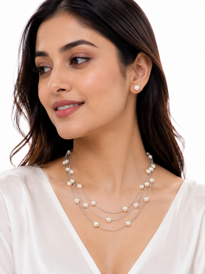 Pearl layered necklace and stud earrings set, white, silver chain, 3-layer station style, gift box included 2