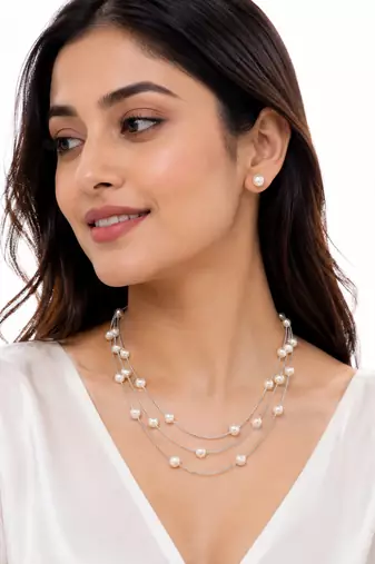 Pearl layered necklace and stud earrings set, white, silver chain, 3-layer station style, gift box included