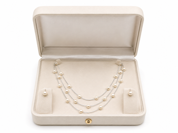 Pearl layered necklace and stud earrings set, white, silver chain, 3-layer station style, gift box included 3