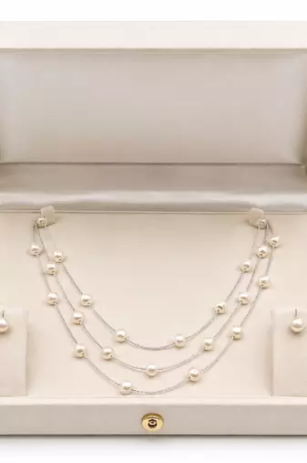 Pearl layered necklace and stud earrings set, white, silver chain, 3-layer station style, gift box included