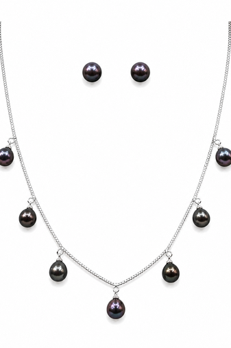Mp jewellers black freshwater pearl necklace and stud earrings set, silver chain, dangle style