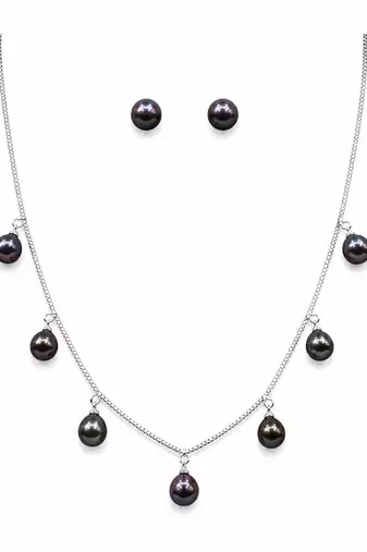 Mp jewellers black freshwater pearl necklace and stud earrings set, silver chain, dangle style