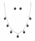 Mp jewellers black freshwater pearl necklace and stud earrings set, silver chain, dangle style