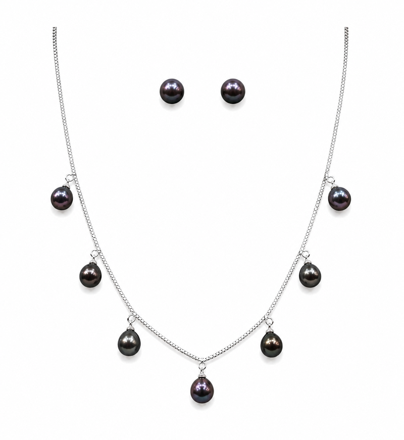 Mp jewellers black freshwater pearl necklace and stud earrings set, silver chain, dangle style