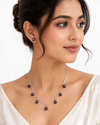 Mp jewellers black freshwater pearl necklace and stud earrings set, silver chain, dangle style 2