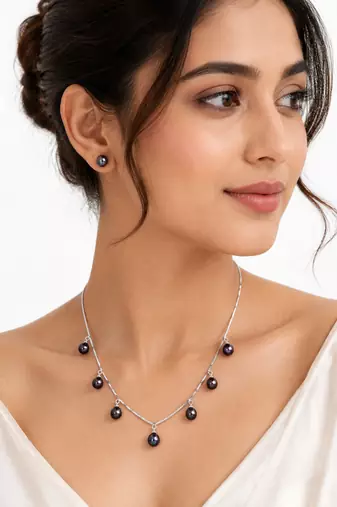 Mp jewellers black freshwater pearl necklace and stud earrings set, silver chain, dangle style