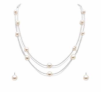 Pearl layered necklace and earrings jewellery set, white, silver chain, multi-strand, earrings included 1