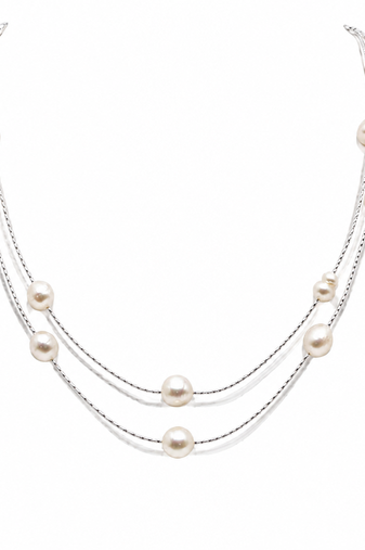 Pearl layered necklace and earrings jewellery set, white, silver chain, multi-strand, earrings included