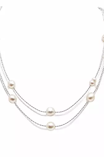 Pearl layered necklace and earrings jewellery set, white, silver chain, multi-strand, earrings included