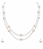 Pearl layered necklace and earrings jewellery set, white, silver chain, multi-strand, earrings included