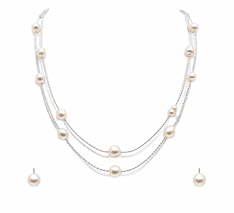 Pearl layered necklace and earrings jewellery set, white, silver chain, multi-strand, earrings included