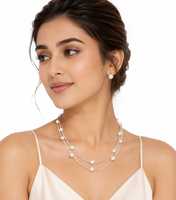 Pearl layered necklace and earrings jewellery set, white, silver chain, multi-strand, earrings included 2