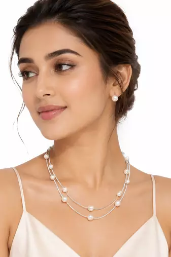 Pearl layered necklace and earrings jewellery set, white, silver chain, multi-strand, earrings included