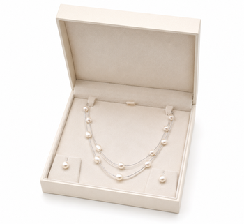 Pearl layered necklace and earrings jewellery set, white, silver chain, multi-strand, earrings included 3