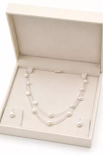 Pearl layered necklace and earrings jewellery set, white, silver chain, multi-strand, earrings included