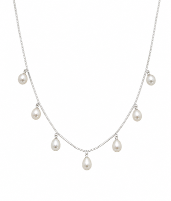 Pearl drop charm necklace with stud earrings set, silver chain, white freshwater pearl, bridal jewellery 1