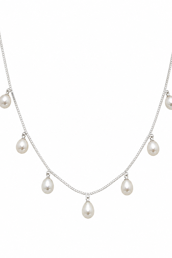 Pearl drop charm necklace with stud earrings set, silver chain, white freshwater pearl, bridal jewellery