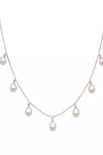 Pearl drop charm necklace with stud earrings set, silver chain, white freshwater pearl, bridal jewellery
