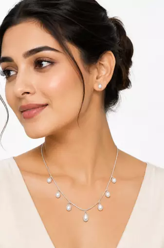 Pearl drop charm necklace with stud earrings set, silver chain, white freshwater pearl, bridal jewellery