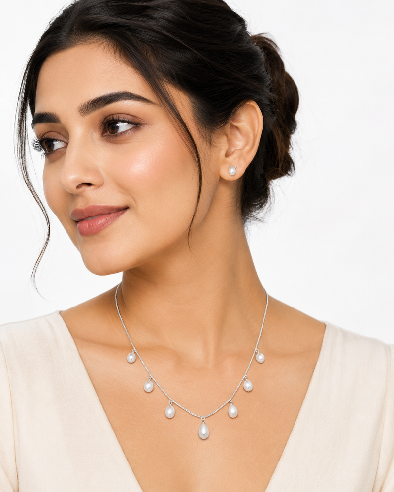 Pearl drop charm necklace with stud earrings set, silver chain, white freshwater pearl, bridal jewellery