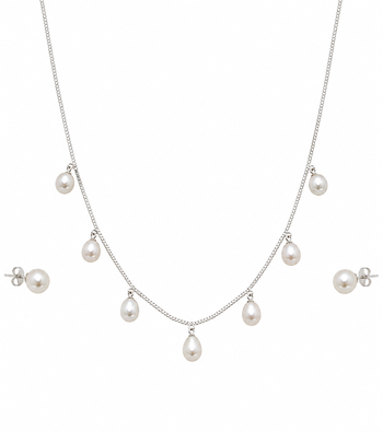 Pearl drop charm necklace with stud earrings set, silver chain, white freshwater pearl, bridal jewellery 3