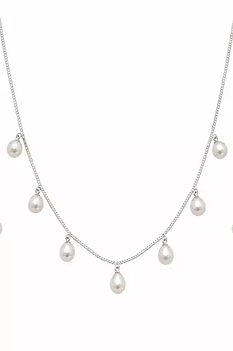 Pearl drop charm necklace with stud earrings set, silver chain, white freshwater pearl, bridal jewellery