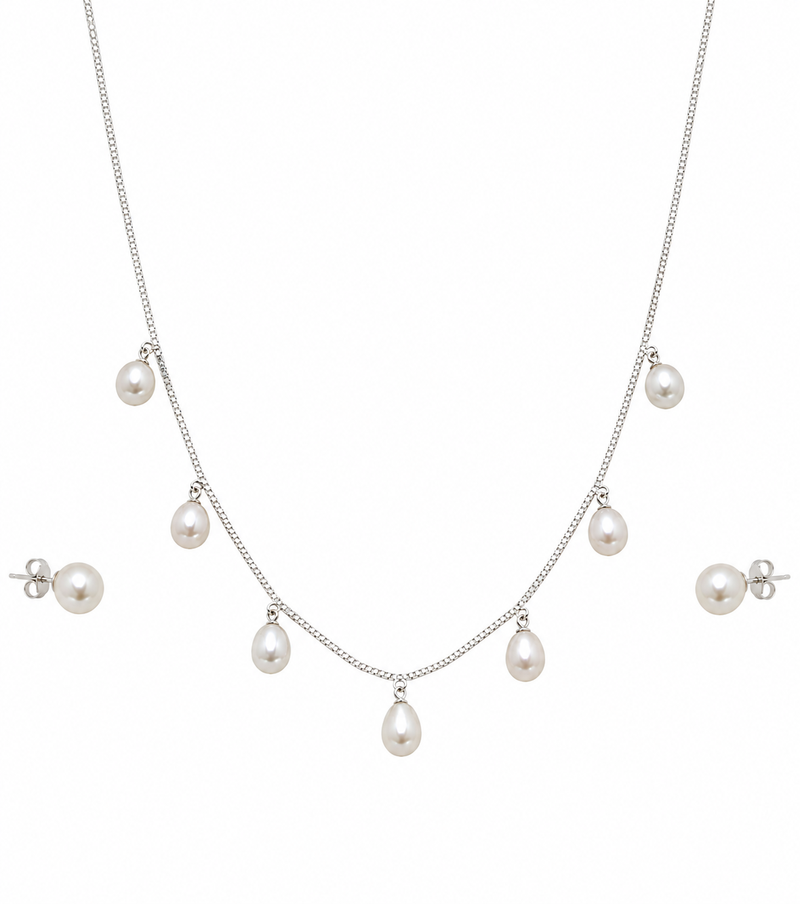 Pearl drop charm necklace with stud earrings set, silver chain, white freshwater pearl, bridal jewellery