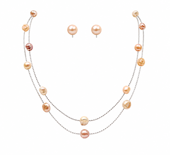 jewellers freshwater pearl necklace and earring set, multi-colour, double strand chain, stud earrings 1