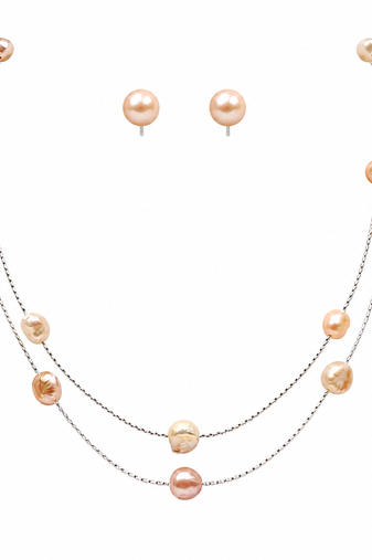 jewellers freshwater pearl necklace and earring set, multi-colour, double strand chain, stud earrings