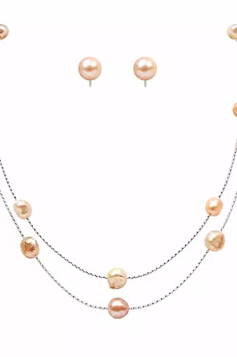 jewellers freshwater pearl necklace and earring set, multi-colour, double strand chain, stud earrings