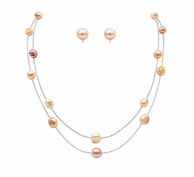 jewellers freshwater pearl necklace and earring set, multi-colour, double strand chain, stud earrings