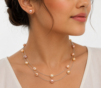 jewellers freshwater pearl necklace and earring set, multi-colour, double strand chain, stud earrings 2
