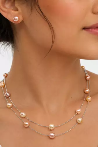 jewellers freshwater pearl necklace and earring set, multi-colour, double strand chain, stud earrings