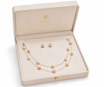 jewellers freshwater pearl necklace and earring set, multi-colour, double strand chain, stud earrings 3